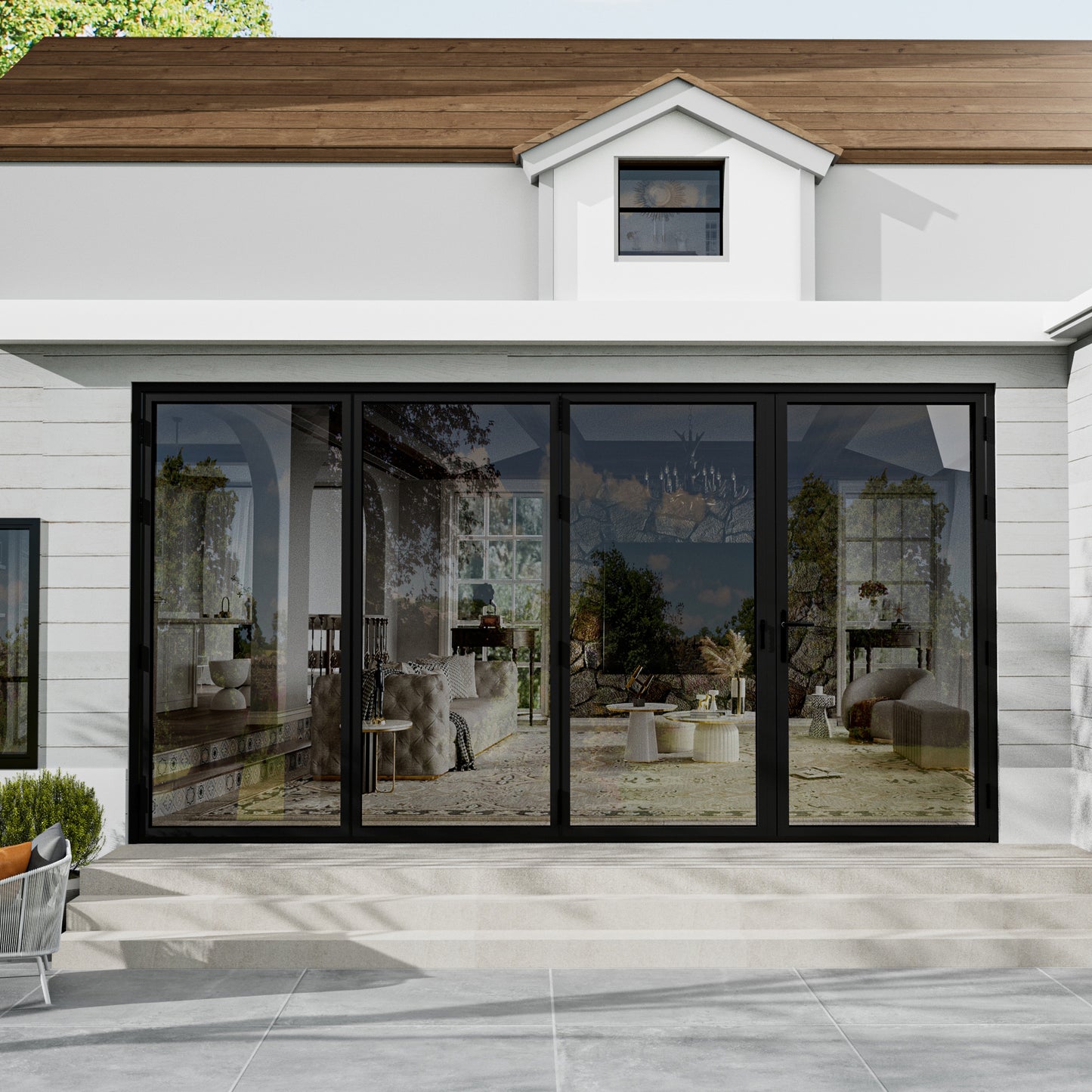 Jujubon Black 4 Panel Center Opening Outswing Double Tempered Glass Aluminum Folding Patio Door