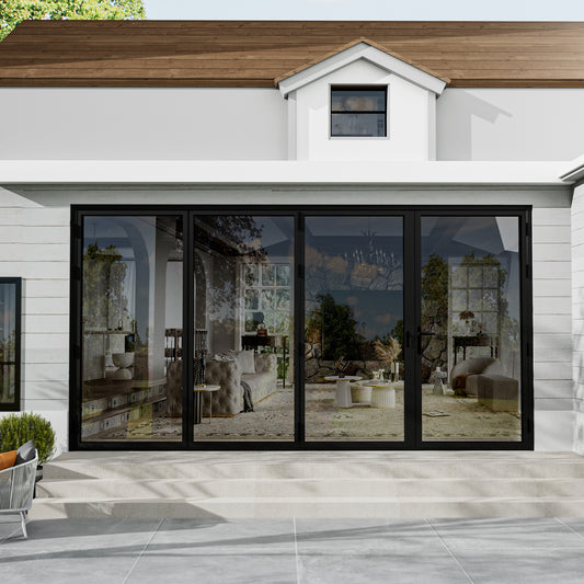 Jujubon Black 4 Panel Center Opening Outswing Double Tempered Glass Aluminum Folding Patio Door