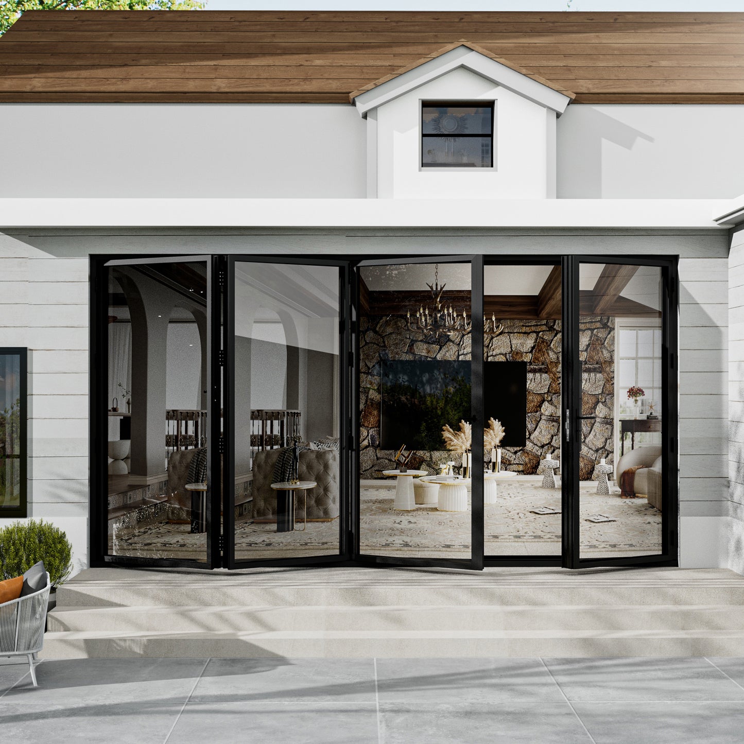 Jujubon Black 4 Panel Center Opening Outswing Double Tempered Glass Aluminum Folding Patio Door