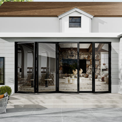 Jujubon Black 4 Panel Center Opening Outswing Double Tempered Glass Aluminum Folding Patio Door