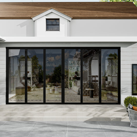 Jujubon Black 6 Panel Center Opening Outswing Double Tempered Glass Aluminum Folding Patio Door