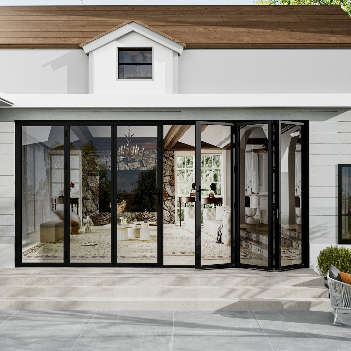 Jujubon Black 6 Panel Center Opening Outswing Double Tempered Glass Aluminum Folding Patio Door
