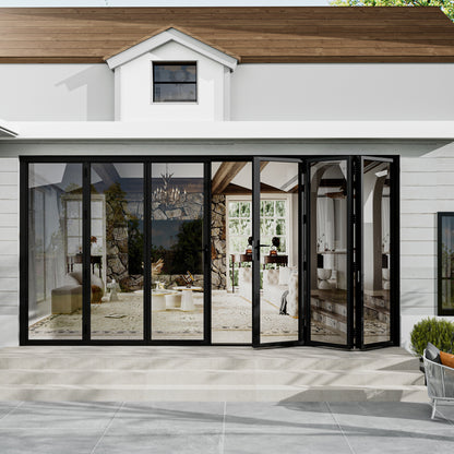 Jujubon Black 6 Panel Center Opening Outswing Double Tempered Glass Aluminum Folding Patio Door