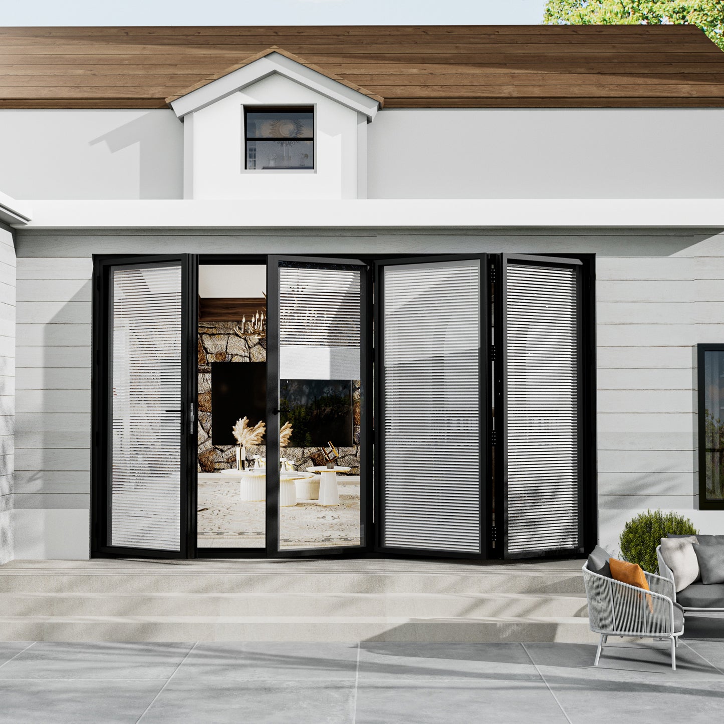 Jujubon Black 4 Panel Center Opening Outswing Double Louver Aluminum Folding Patio Door