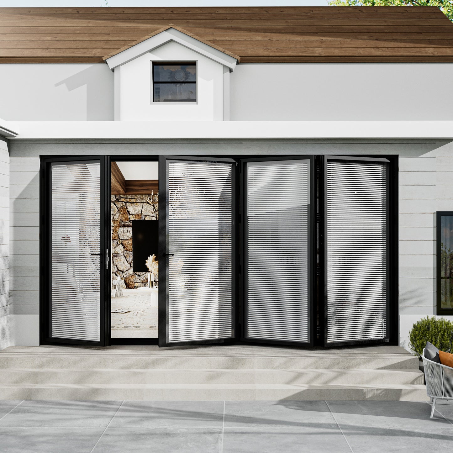 Jujubon Black 4 Panel Center Opening Outswing Double Louver Aluminum Folding Patio Door