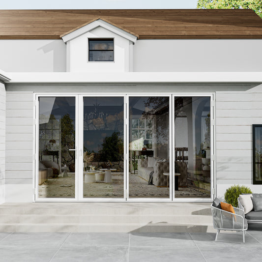 Jujubon 4 Panel Center Opening Outswing Double Tempered Glass White Aluminum Folding Patio Door