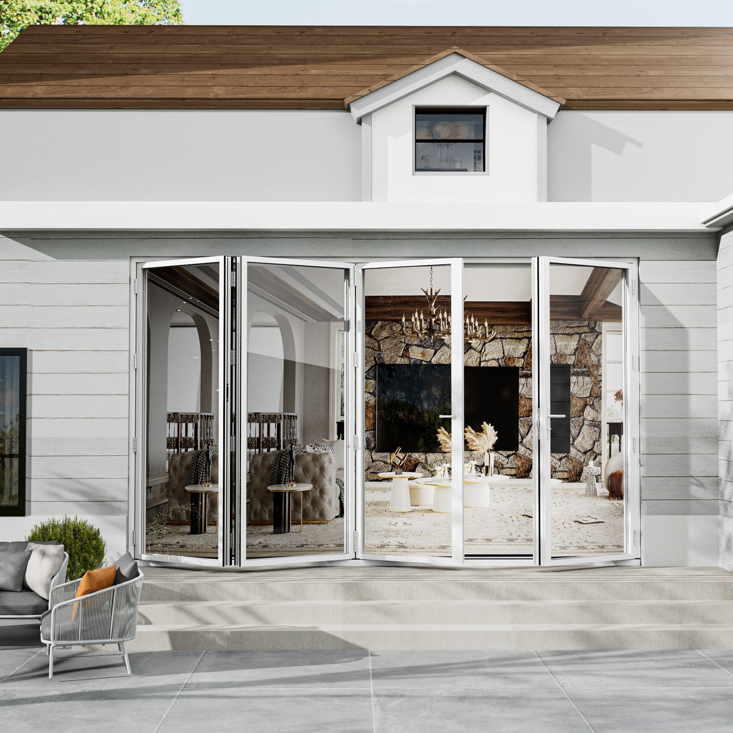 Jujubon 4 Panel Center Opening Outswing Double Tempered Glass White Aluminum Folding Patio Door