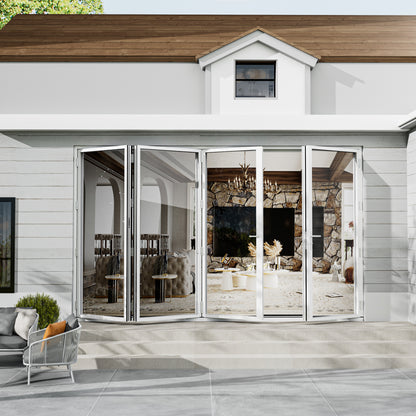Jujubon 4 Panel Center Opening Outswing Double Tempered Glass White Aluminum Folding Patio Door