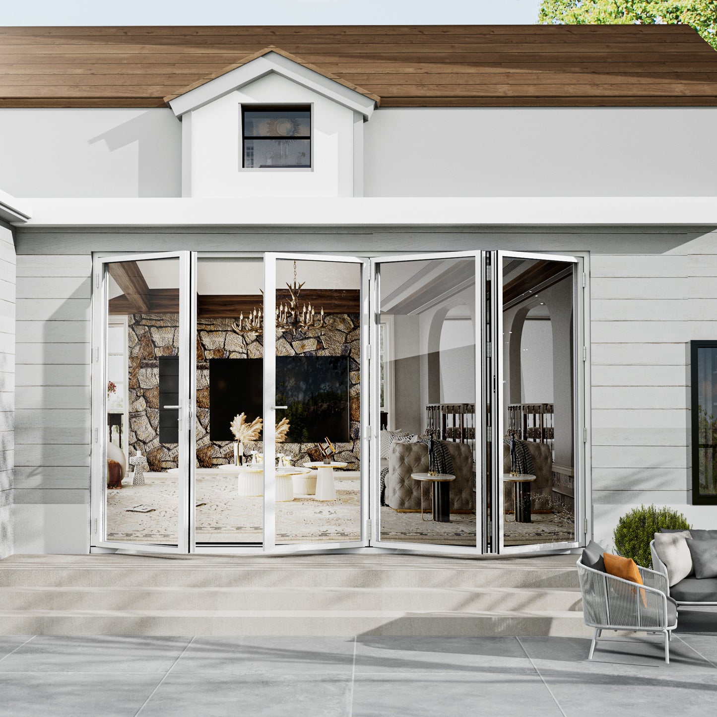 Jujubon 4 Panel Center Opening Outswing Double Tempered Glass White Aluminum Folding Patio Door