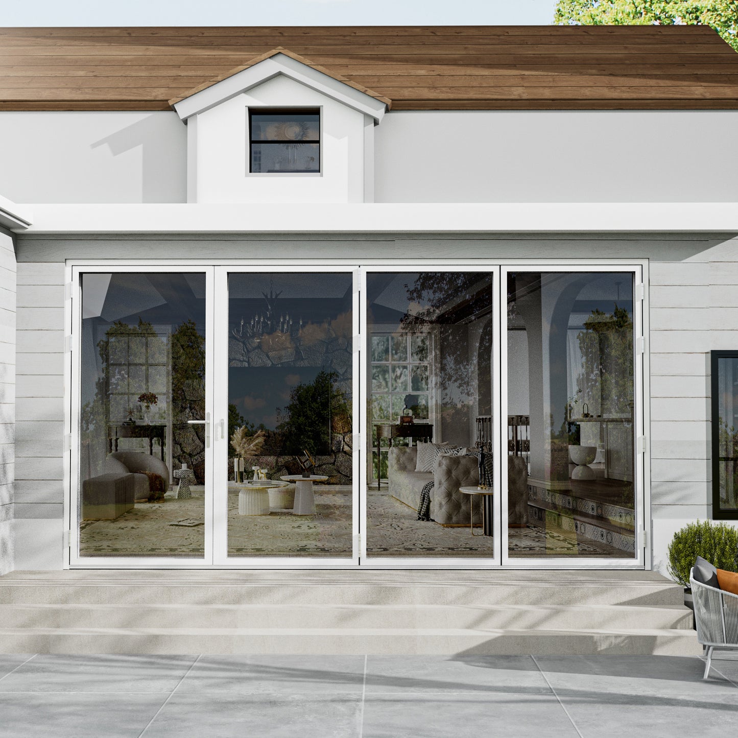 Jujubon 4 Panel Center Opening Outswing Double Tempered Glass White Aluminum Folding Patio Door