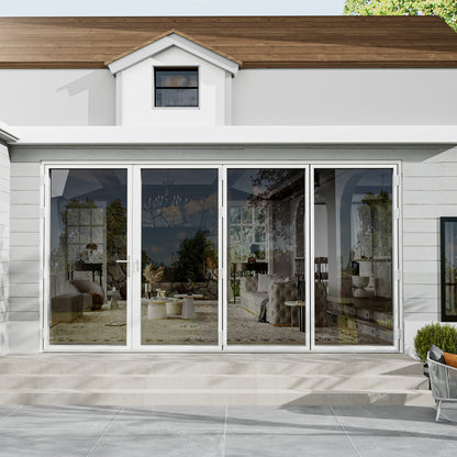 Jujubon 4 Panel Center Opening Outswing Double Tempered Glass White Aluminum Folding Patio Door