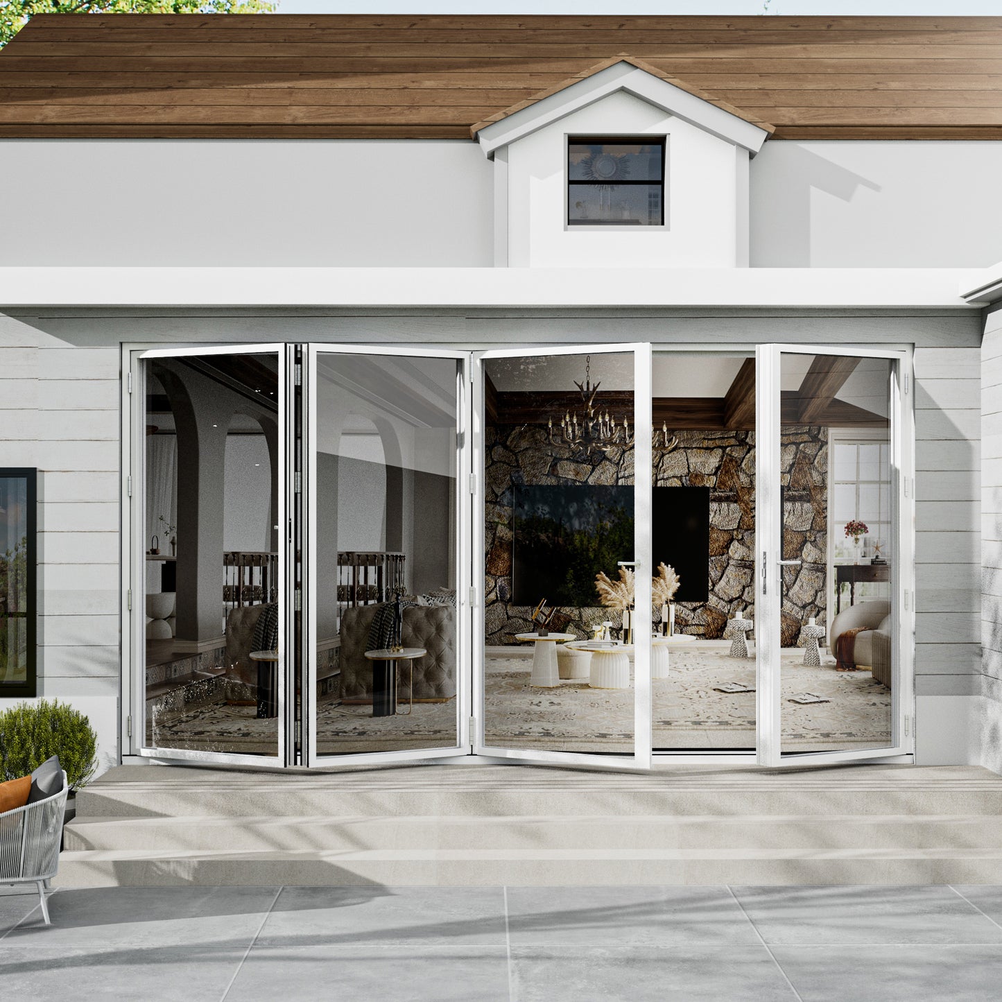Jujubon 4 Panel Center Opening Outswing Double Tempered Glass White Aluminum Folding Patio Door