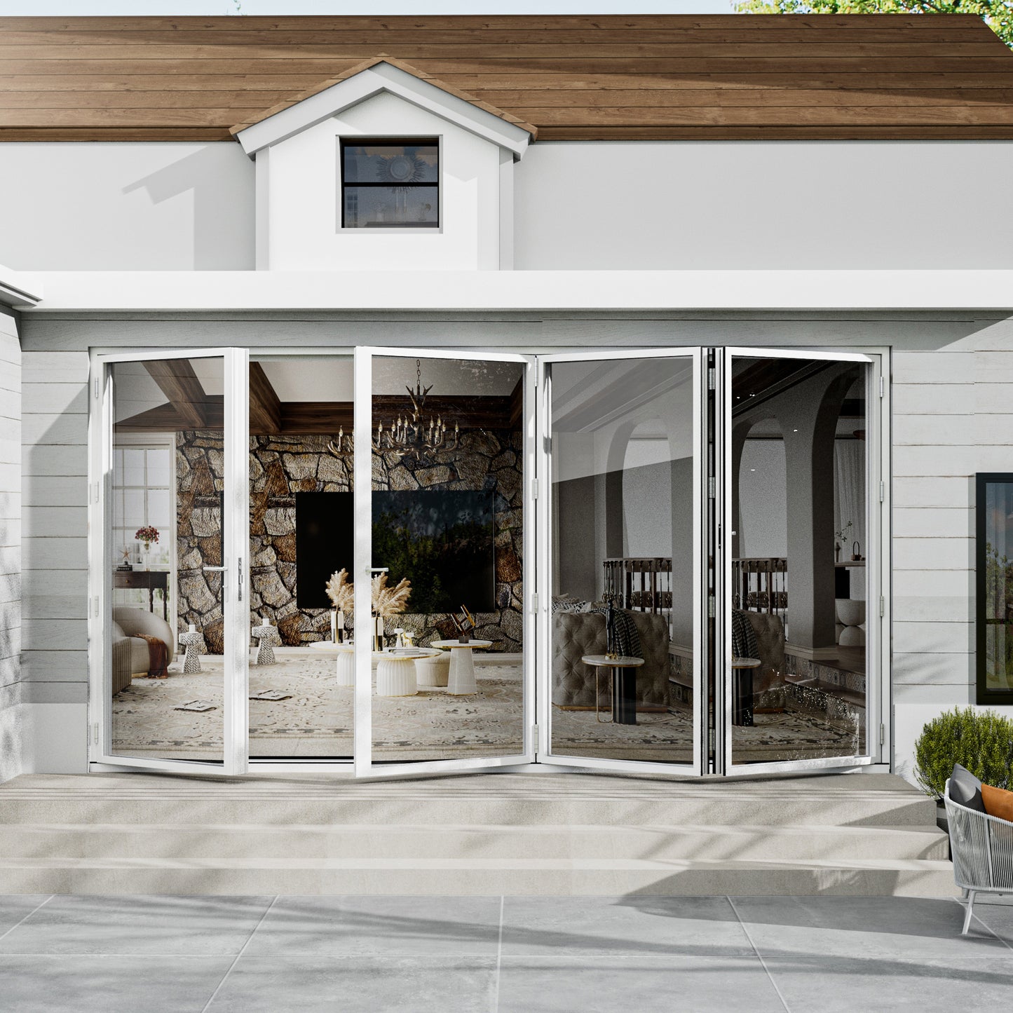 Jujubon 4 Panel Center Opening Outswing Double Tempered Glass White Aluminum Folding Patio Door