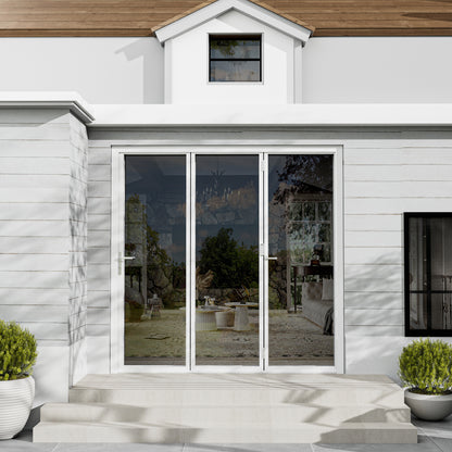 Jujubon 3 Panel Center Opening Outswing Double Tempered Glass White Aluminum Folding Patio Door