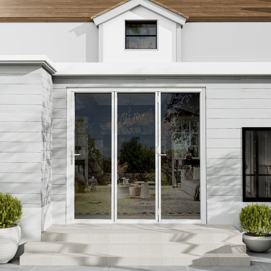 Jujubon 3 Panel Center Opening Outswing Double Tempered Glass White Aluminum Folding Patio Door