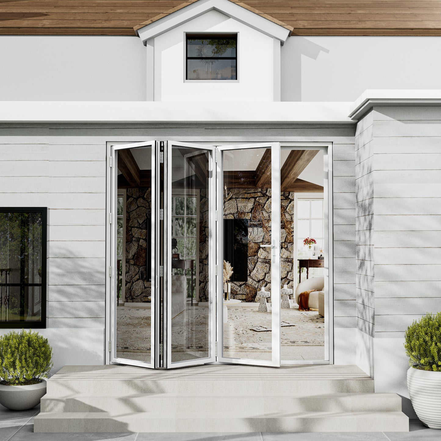 Jujubon 3 Panel Center Opening Outswing Double Tempered Glass White Aluminum Folding Patio Door