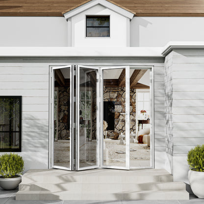 Jujubon 3 Panel Center Opening Outswing Double Tempered Glass White Aluminum Folding Patio Door