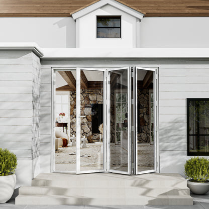 Jujubon 3 Panel Center Opening Outswing Double Tempered Glass White Aluminum Folding Patio Door