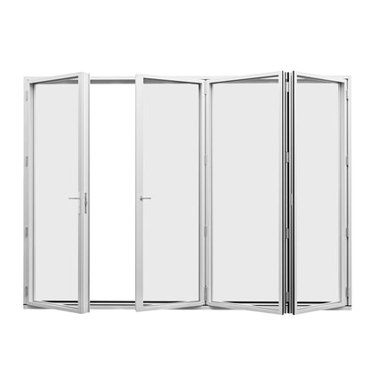 Jujubon 4 Panel Center Opening Outswing Double Tempered Glass White Aluminum Folding Patio Door