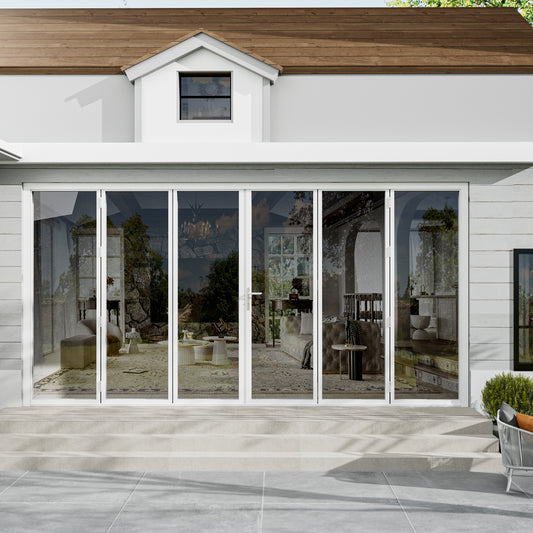 Jujubon 6 Panel Center Opening Outswing Double Tempered Glass White Aluminum Folding Patio Door