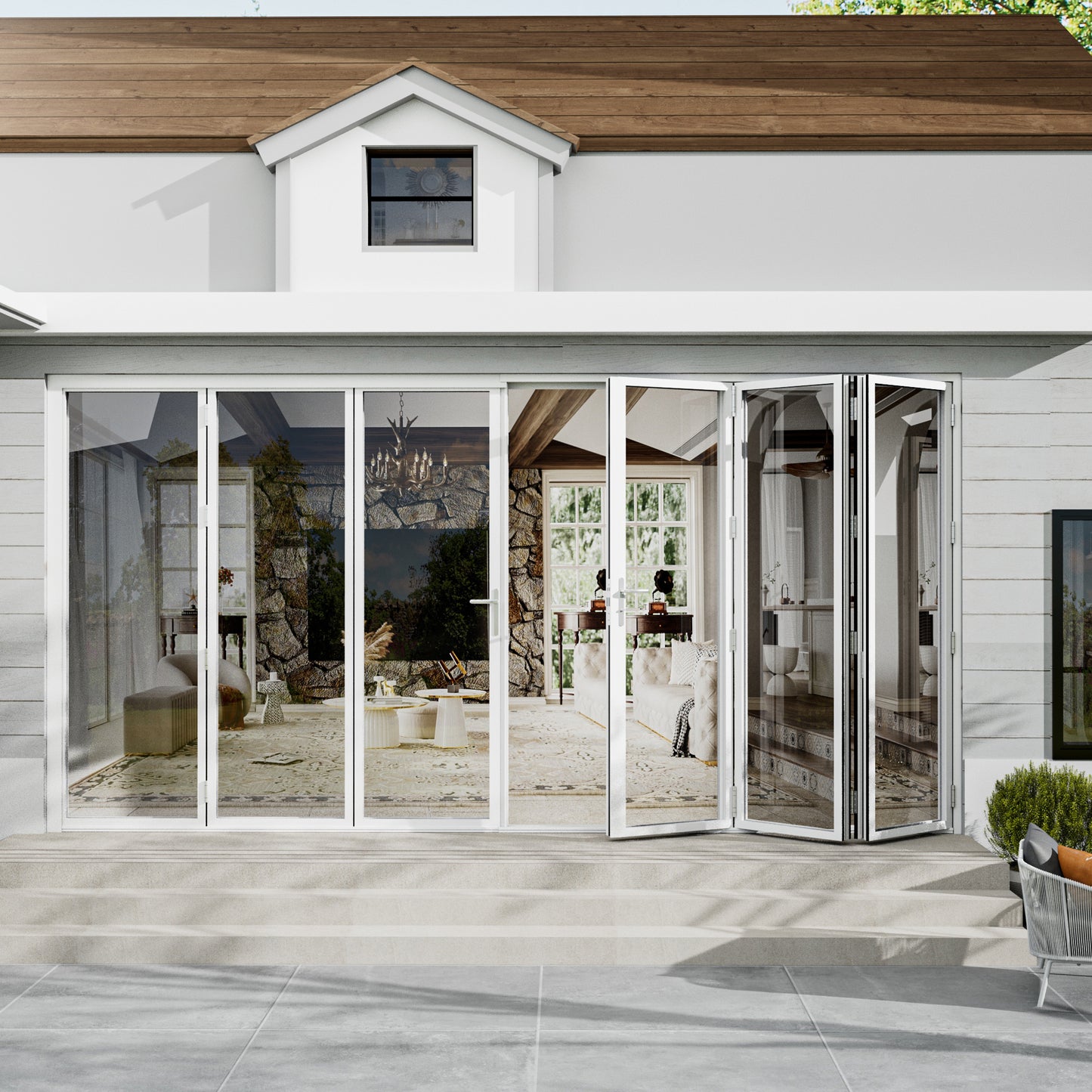 Jujubon 6 Panel Center Opening Outswing Double Tempered Glass White Aluminum Folding Patio Door