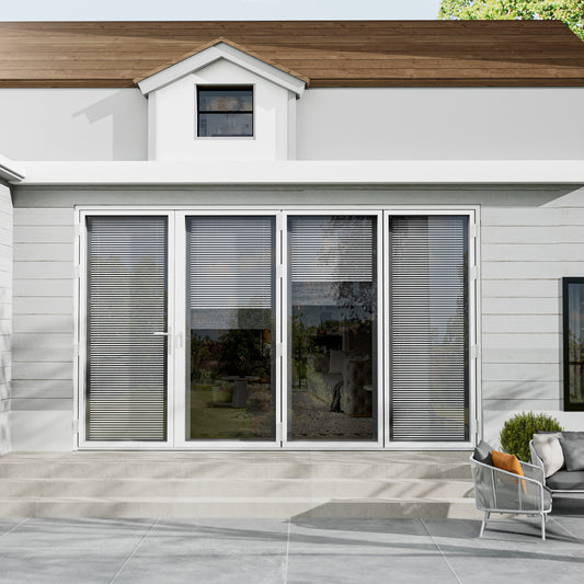 Jujubon 4 Panel Center Opening Outswing Double Louver White Aluminum Folding Patio Door