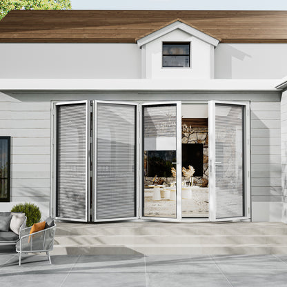 Jujubon 4 Panel Center Opening Outswing Double Louver White Aluminum Folding Patio Door