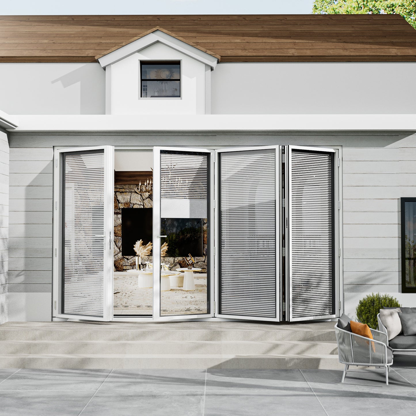 Jujubon 4 Panel Center Opening Outswing Double Louver White Aluminum Folding Patio Door