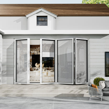Jujubon 4 Panel Center Opening Outswing Double Louver White Aluminum Folding Patio Door