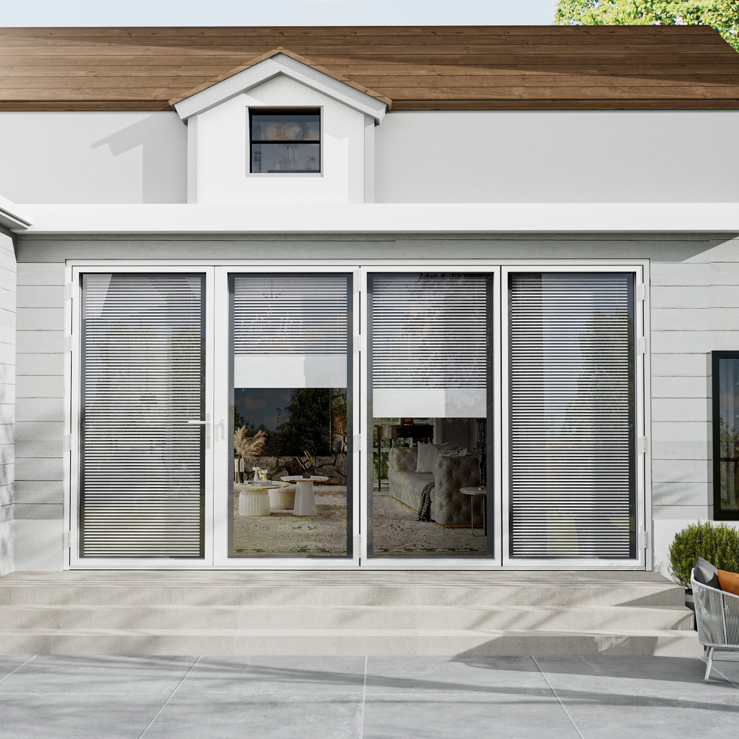 Jujubon 4 Panel Center Opening Outswing Double Louver White Aluminum Folding Patio Door