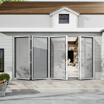 Jujubon 4 Panel Center Opening Outswing Double Louver White Aluminum Folding Patio Door