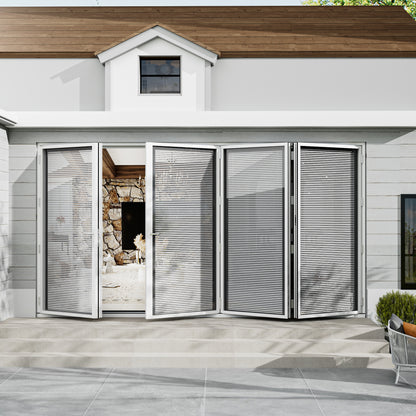 Jujubon 4 Panel Center Opening Outswing Double Louver White Aluminum Folding Patio Door