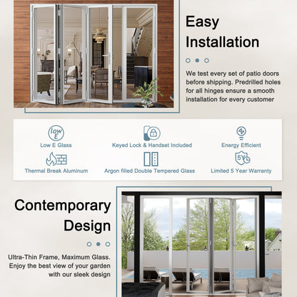 Jujubon 4 Panel Center Opening Outswing Double Tempered Glass White Aluminum Folding Patio Door