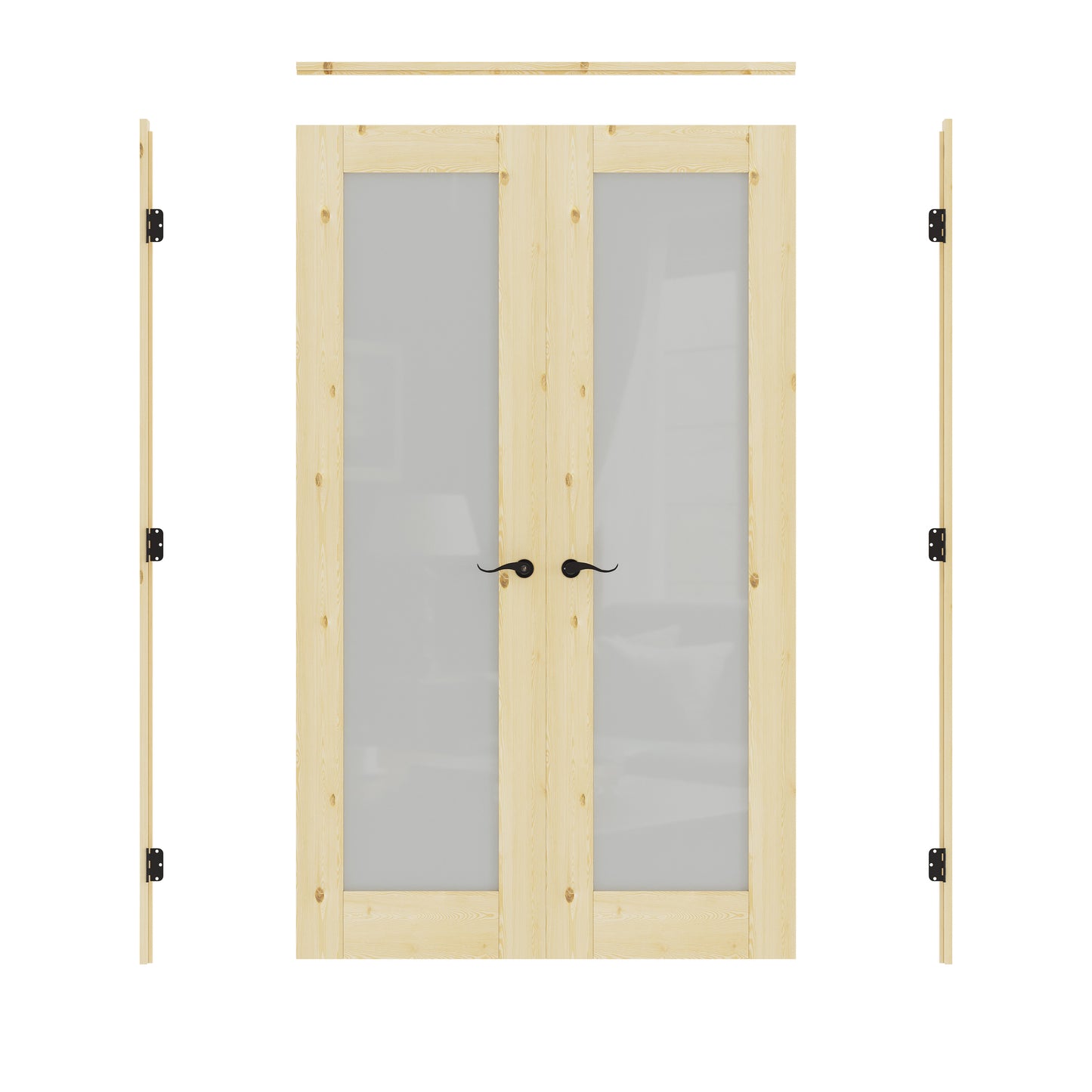 JUJUBON Prehung French Door, Tempered Frosted Glass & Pine Wood Door Slabs with Jamb, Black Hinges, 4 Levers & Latch, Solid Core Interior Doors, Unfinished Double Doors Interior