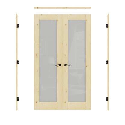 JUJUBON Prehung French Door, Tempered Frosted Glass & Pine Wood Door Slabs with Jamb, Black Hinges, 4 Levers & Latch, Solid Core Interior Doors, Unfinished Double Doors Interior