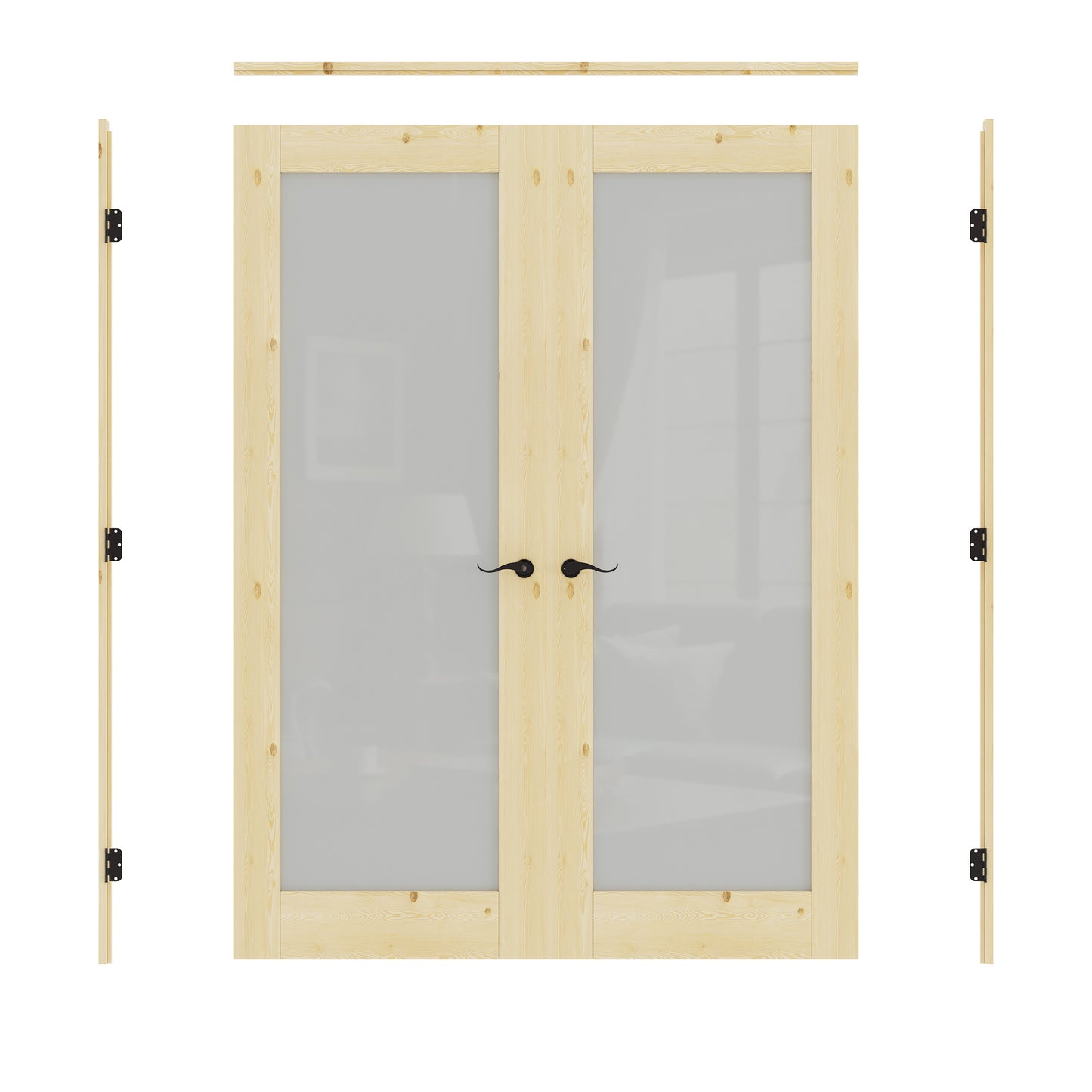 JUJUBON Prehung French Door, Tempered Frosted Glass & Pine Wood Door Slabs with Jamb, Black Hinges, 4 Levers & Latch, Solid Core Interior Doors, Unfinished Double Doors Interior