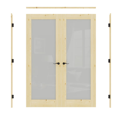 JUJUBON Prehung French Door, Tempered Frosted Glass & Pine Wood Door Slabs with Jamb, Black Hinges, 4 Levers & Latch, Solid Core Interior Doors, Unfinished Double Doors Interior