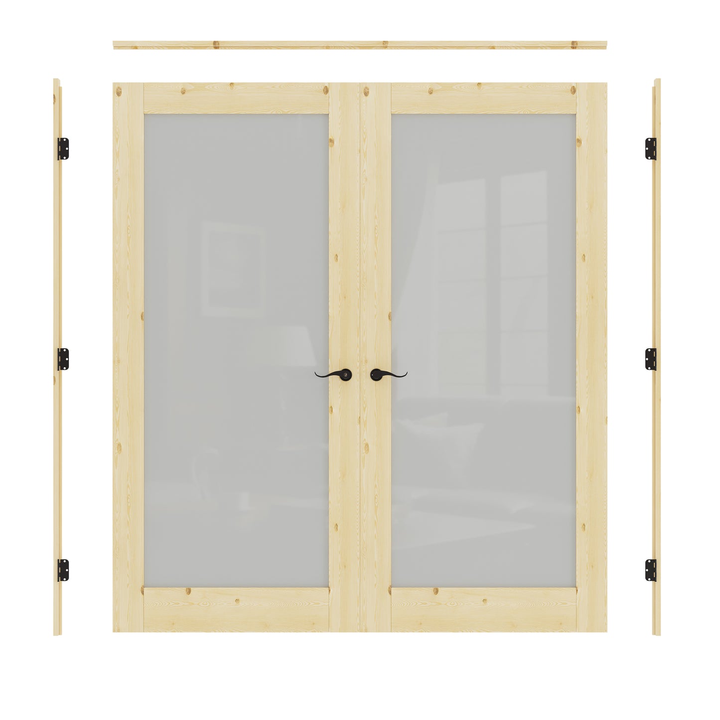JUJUBON Prehung French Door, Tempered Frosted Glass & Pine Wood Door Slabs with Jamb, Black Hinges, 4 Levers & Latch, Solid Core Interior Doors, Unfinished Double Doors Interior