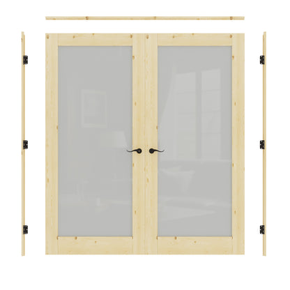 JUJUBON Prehung French Door, Tempered Frosted Glass & Pine Wood Door Slabs with Jamb, Black Hinges, 4 Levers & Latch, Solid Core Interior Doors, Unfinished Double Doors Interior