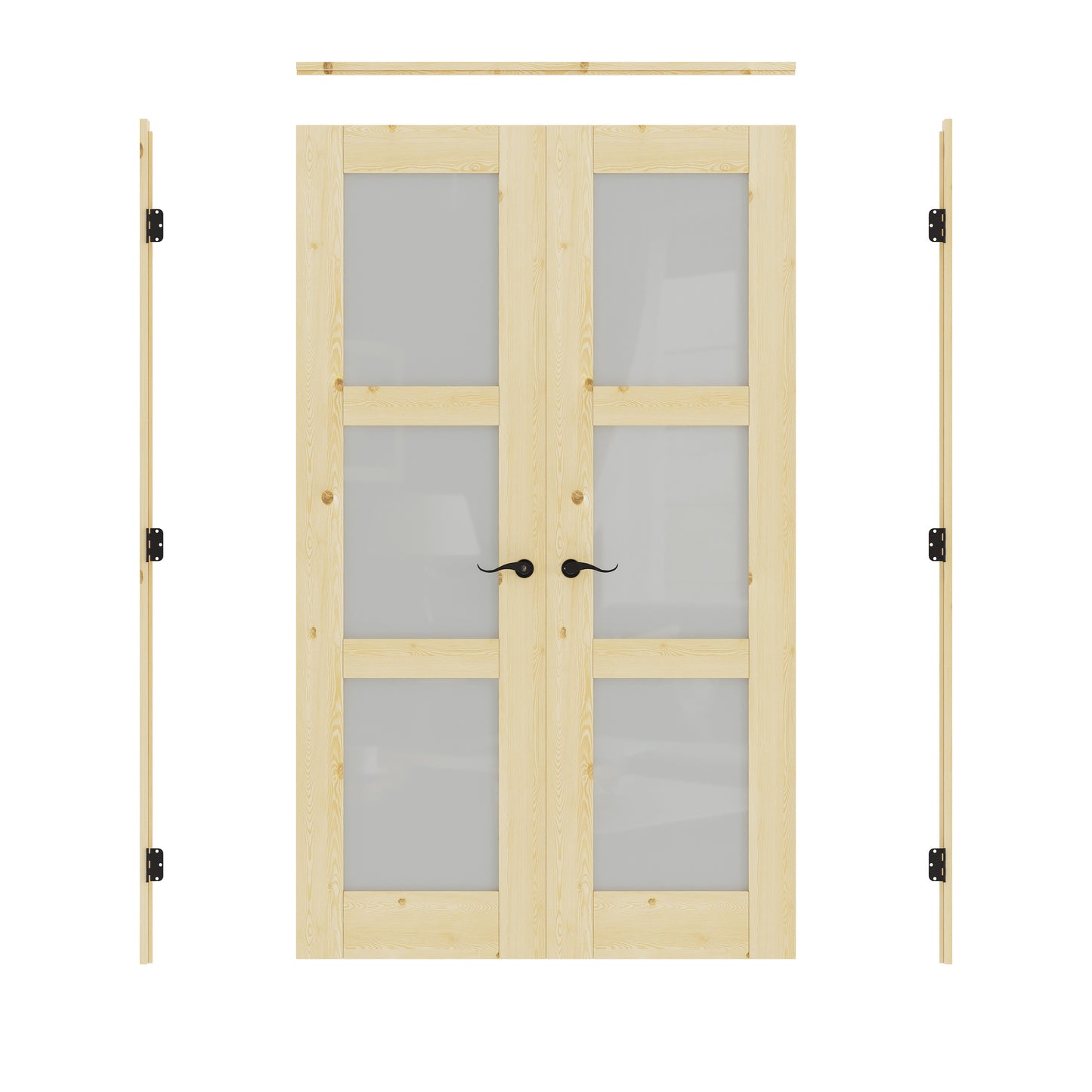 JUJUBON Prehung French Door, 3-Lite Tempered Frosted Glass & Pine Wood Door Slabs with Jamb, Black Hinges, 4 Levers & Latch, Solid Core Interior Doors, Unfinished Double Doors Interior