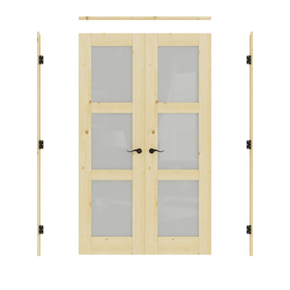 JUJUBON Prehung French Door, 3-Lite Tempered Frosted Glass & Pine Wood Door Slabs with Jamb, Black Hinges, 4 Levers & Latch, Solid Core Interior Doors, Unfinished Double Doors Interior