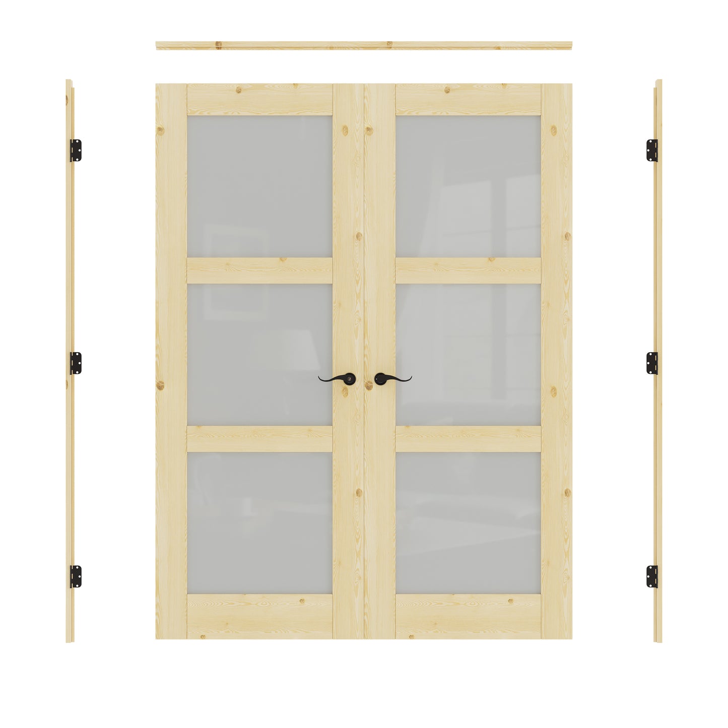 JUJUBON Prehung French Door, 3-Lite Tempered Frosted Glass & Pine Wood Door Slabs with Jamb, Black Hinges, 4 Levers & Latch, Solid Core Interior Doors, Unfinished Double Doors Interior