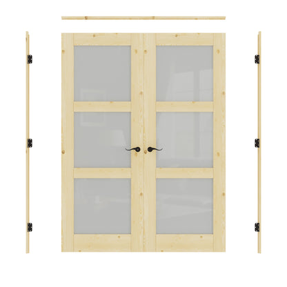 JUJUBON Prehung French Door, 3-Lite Tempered Frosted Glass & Pine Wood Door Slabs with Jamb, Black Hinges, 4 Levers & Latch, Solid Core Interior Doors, Unfinished Double Doors Interior