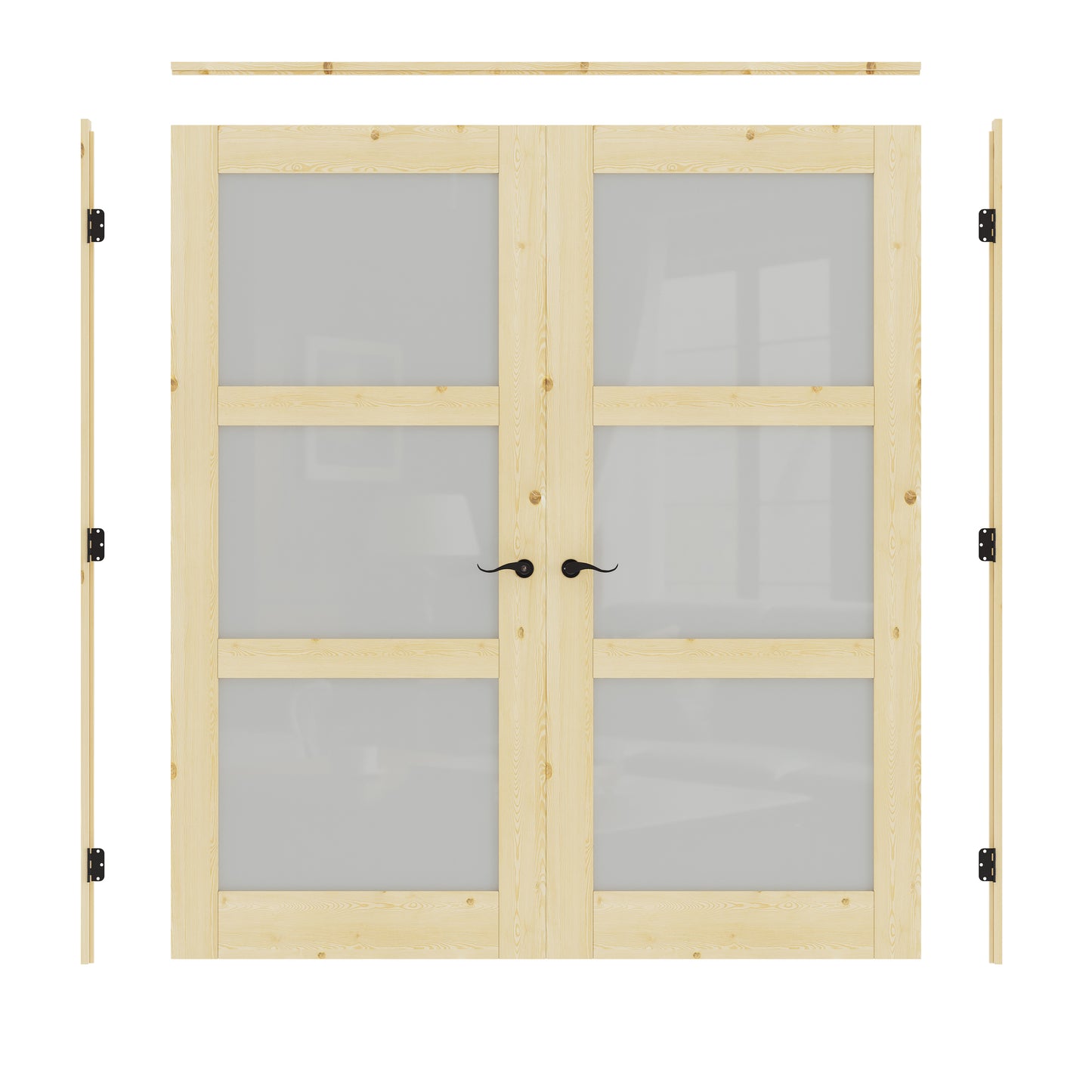 JUJUBON Prehung French Door, 3-Lite Tempered Frosted Glass & Pine Wood Door Slabs with Jamb, Black Hinges, 4 Levers & Latch, Solid Core Interior Doors, Unfinished Double Doors Interior