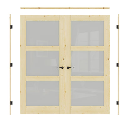 JUJUBON Prehung French Door, 3-Lite Tempered Frosted Glass & Pine Wood Door Slabs with Jamb, Black Hinges, 4 Levers & Latch, Solid Core Interior Doors, Unfinished Double Doors Interior