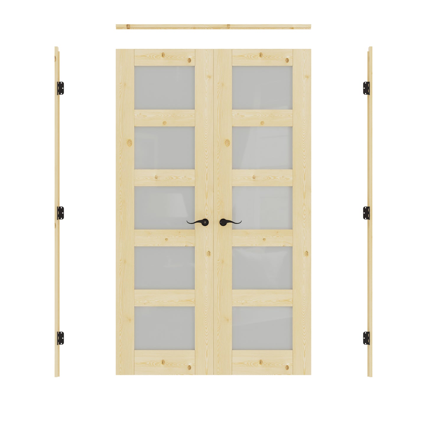 JUJUBON Prehung French Door, 5-Lite Tempered Frosted Glass & Pine Wood Door Slabs with Jamb, Black Hinges, 4 Levers & Latch, Solid Core Interior Doors, Unfinished Double Doors Interior