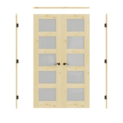 JUJUBON Prehung French Door, 5-Lite Tempered Frosted Glass & Pine Wood Door Slabs with Jamb, Black Hinges, 4 Levers & Latch, Solid Core Interior Doors, Unfinished Double Doors Interior