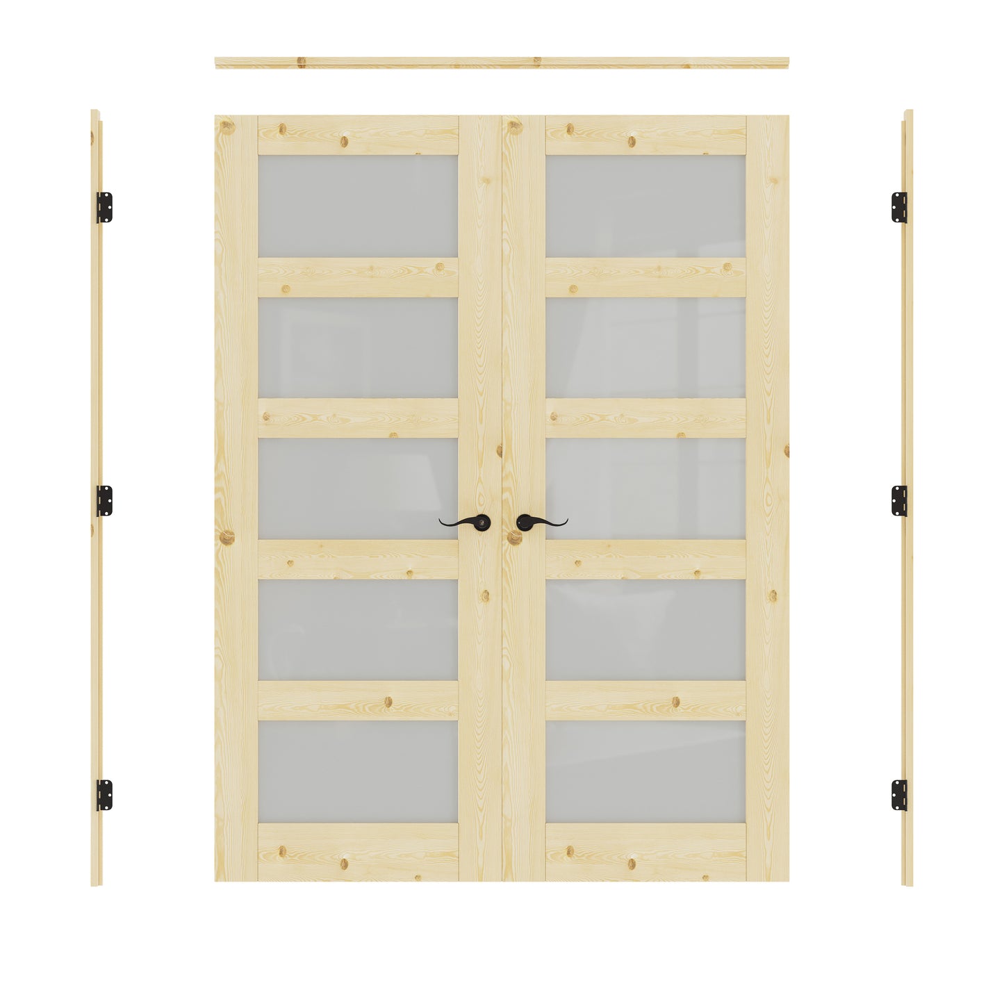 JUJUBON Prehung French Door, 5-Lite Tempered Frosted Glass & Pine Wood Door Slabs with Jamb, Black Hinges, 4 Levers & Latch, Solid Core Interior Doors, Unfinished Double Doors Interior