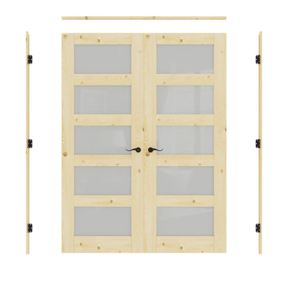 JUJUBON Prehung French Door, 5-Lite Tempered Frosted Glass & Pine Wood Door Slabs with Jamb, Black Hinges, 4 Levers & Latch, Solid Core Interior Doors, Unfinished Double Doors Interior