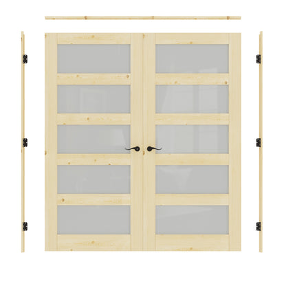 JUJUBON Prehung French Door, 5-Lite Tempered Frosted Glass & Pine Wood Door Slabs with Jamb, Black Hinges, 4 Levers & Latch, Solid Core Interior Doors, Unfinished Double Doors Interior